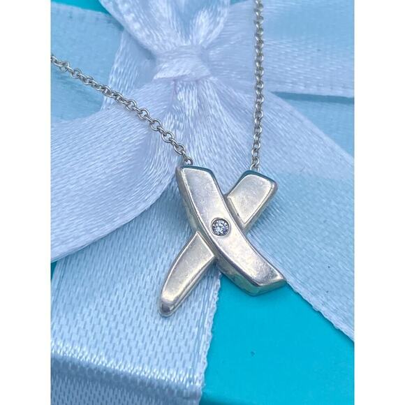 Authentic Tiffany & Co. Sterling Silver Diamond X Pendant Necklace - 16 Inches - Picture 3 of 5